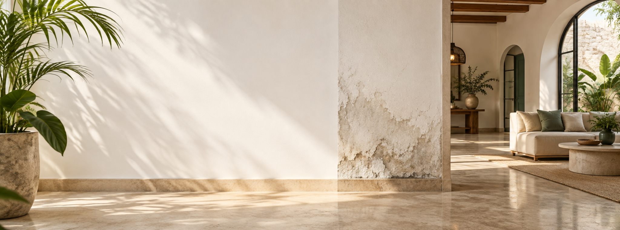 Interior residencial con HUMISEC, muro con humedad y dispositivo MursecECO instalado